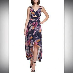 Guess Tropical Floral Navy Blue High Low Maxi Chiffon Maxi Dress Lined Sz 12